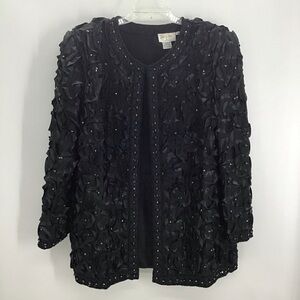 Tan Chho Vintage Beaded Sequined Silk Jacket Ribboned Detail Party Blk Size 2X